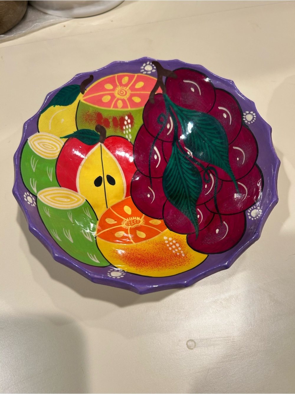Vintage hand-painted Mexican folk art pottery bowl 7”